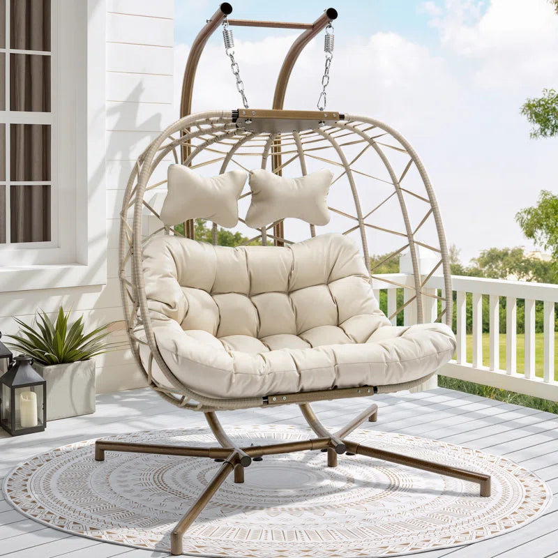 Celyne 2 Person Outdoor/Indoor Porch Swings with Stand Double Hanging Egg Chair with Cozy Cushion
