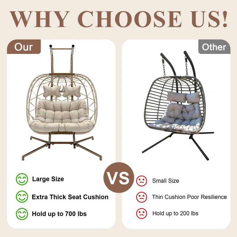 Celyne 2 Person Outdoor/Indoor Porch Swings with Stand Double Hanging Egg Chair with Cozy Cushion