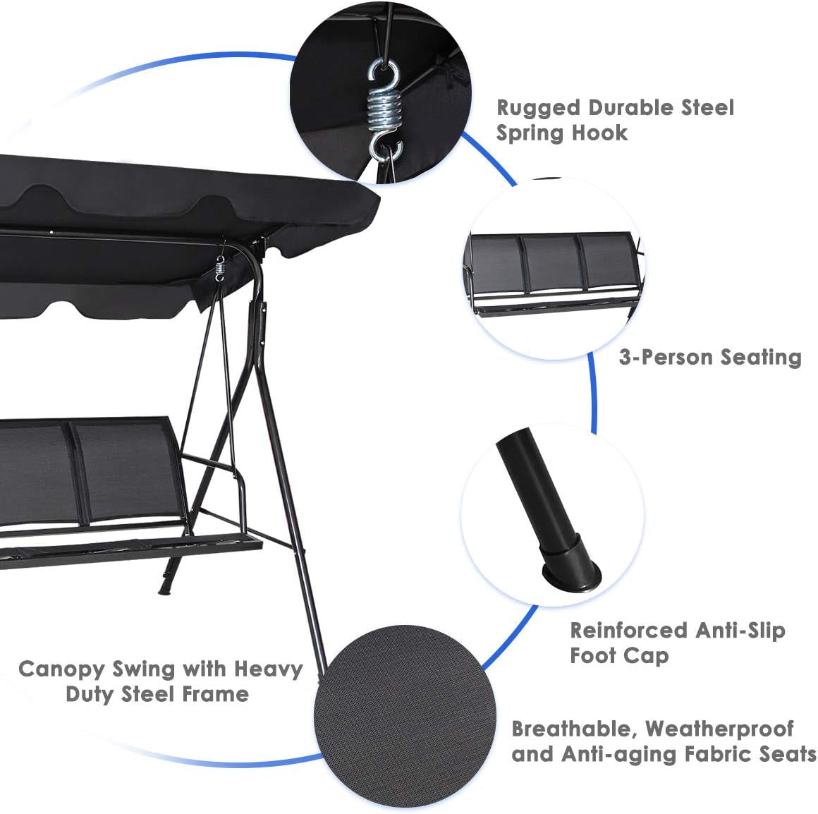3 Person Patio Swing, Steel Frame with Polyester Angle Adjustable Canopy, All Weather Resistant Swing Bench, Suitable for Patio, Garden, Poolside, Balcony (Black)