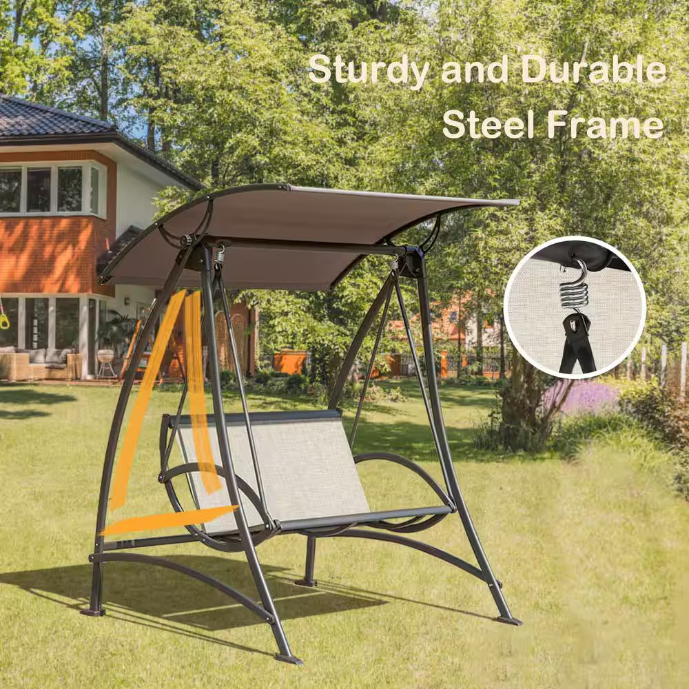 2-Person Metal Porch Patio Swings with Adjustable Canopy