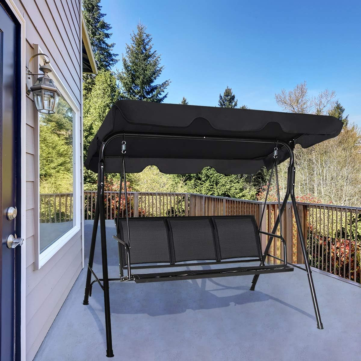 3 Person Patio Swing, Steel Frame with Polyester Angle Adjustable Canopy, All Weather Resistant Swing Bench, Suitable for Patio, Garden, Poolside, Balcony (Black)