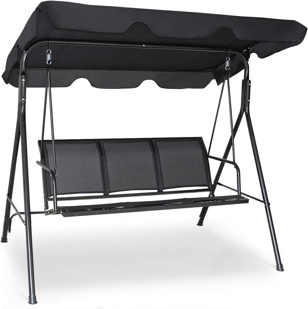 3 Person Patio Swing, Steel Frame with Polyester Angle Adjustable Canopy, All Weather Resistant Swing Bench, Suitable for Patio, Garden, Poolside, Balcony (Black)