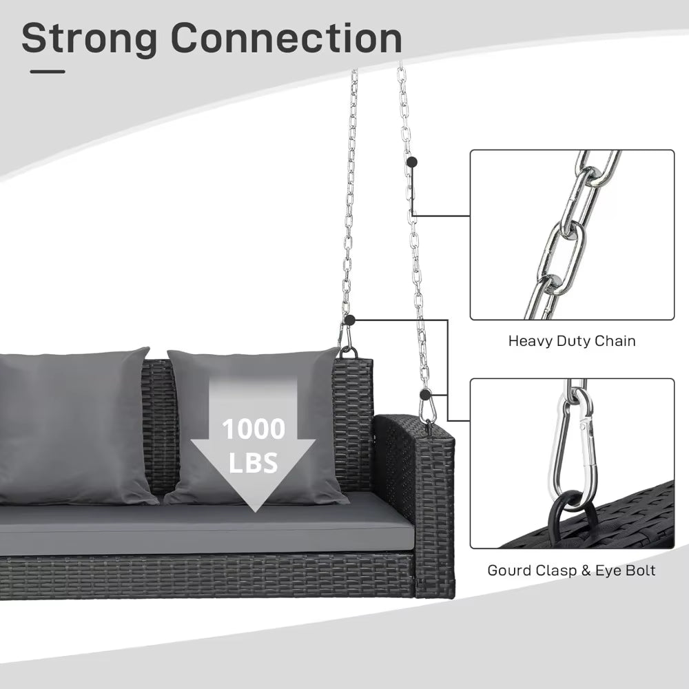 Porch Swing, 5FT Hanging Outdoor Porch Swings for Adults, Wicker 3 Person Patio Swing, with Cushion, Pillow and Chain for Garden