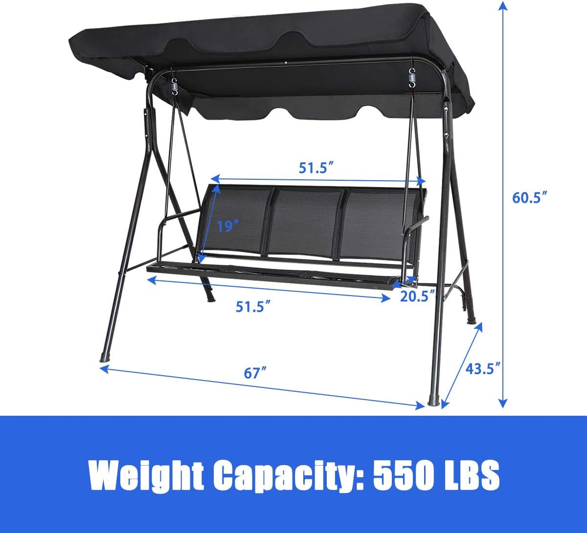 3 Person Patio Swing, Steel Frame with Polyester Angle Adjustable Canopy, All Weather Resistant Swing Bench, Suitable for Patio, Garden, Poolside, Balcony (Black)