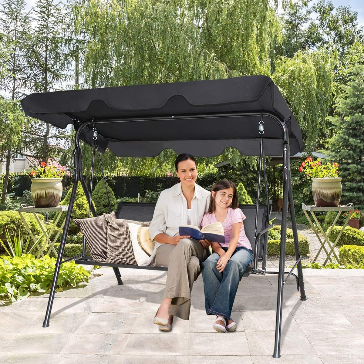 3 Person Patio Swing, Steel Frame with Polyester Angle Adjustable Canopy, All Weather Resistant Swing Bench, Suitable for Patio, Garden, Poolside, Balcony (Black)