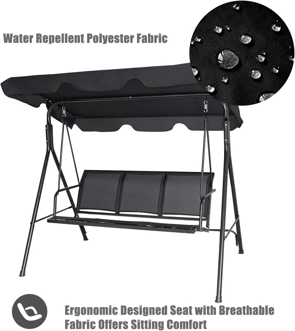 3 Person Patio Swing, Steel Frame with Polyester Angle Adjustable Canopy, All Weather Resistant Swing Bench, Suitable for Patio, Garden, Poolside, Balcony (Black)