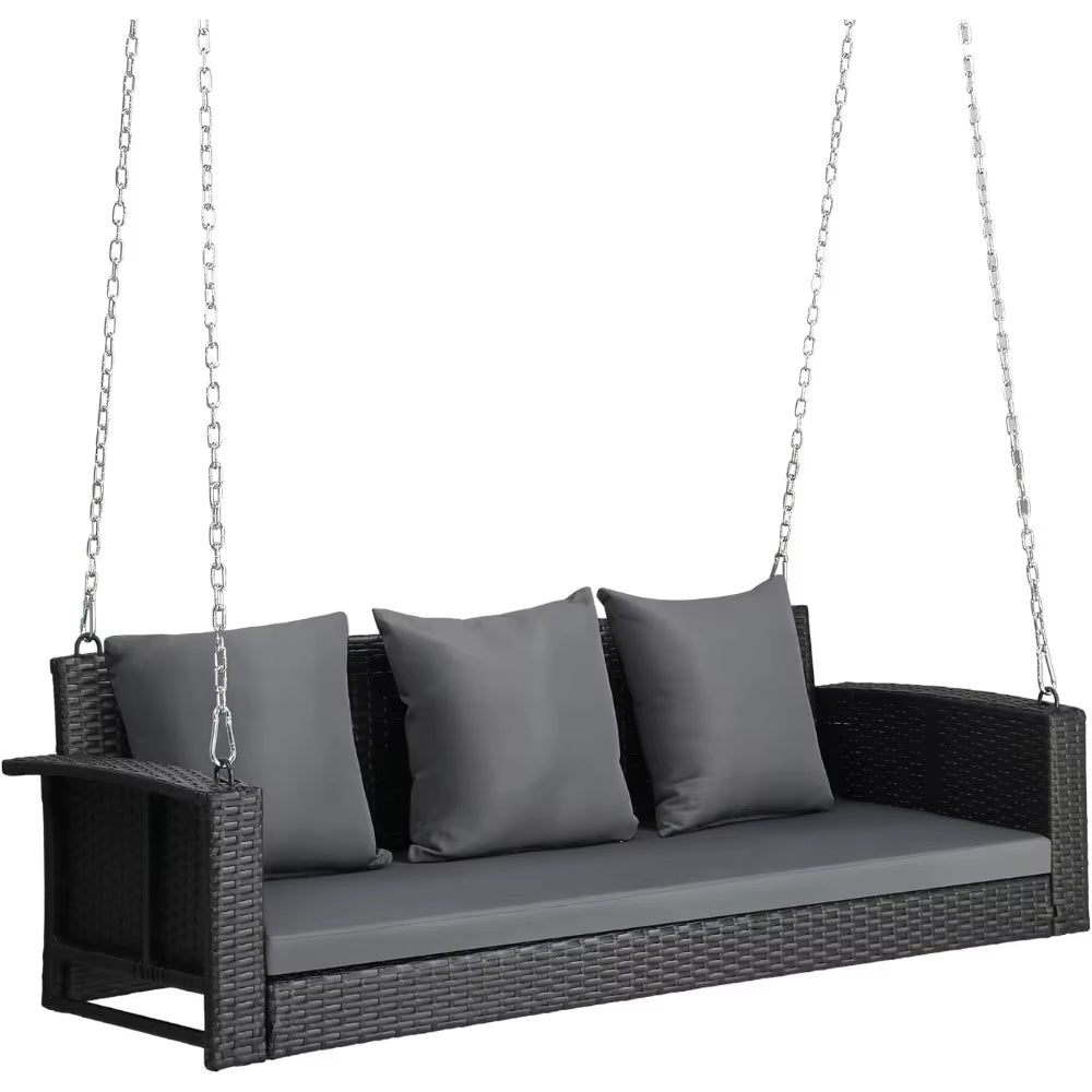 Porch Swing, 5FT Hanging Outdoor Porch Swings for Adults, Wicker 3 Person Patio Swing, with Cushion, Pillow and Chain for Garden