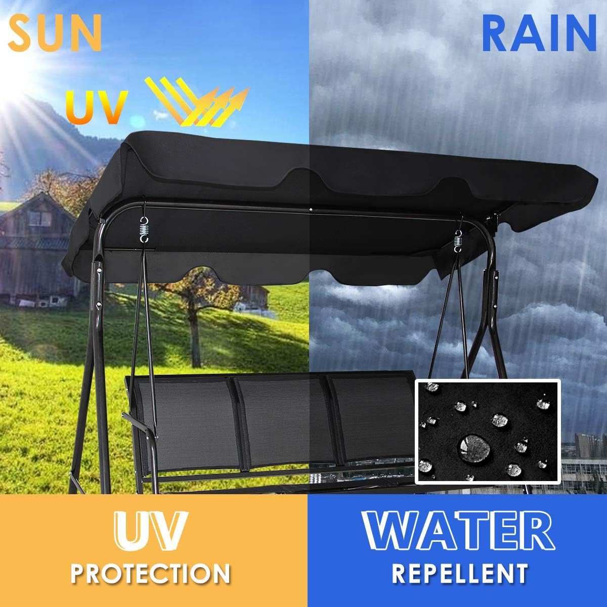 3 Person Patio Swing, Steel Frame with Polyester Angle Adjustable Canopy, All Weather Resistant Swing Bench, Suitable for Patio, Garden, Poolside, Balcony (Black)