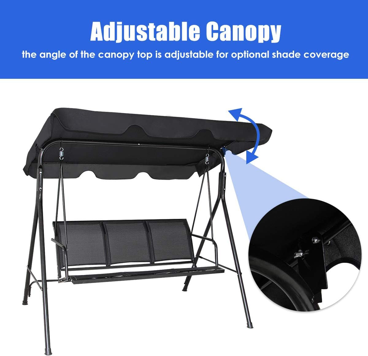3 Person Patio Swing, Steel Frame with Polyester Angle Adjustable Canopy, All Weather Resistant Swing Bench, Suitable for Patio, Garden, Poolside, Balcony (Black)