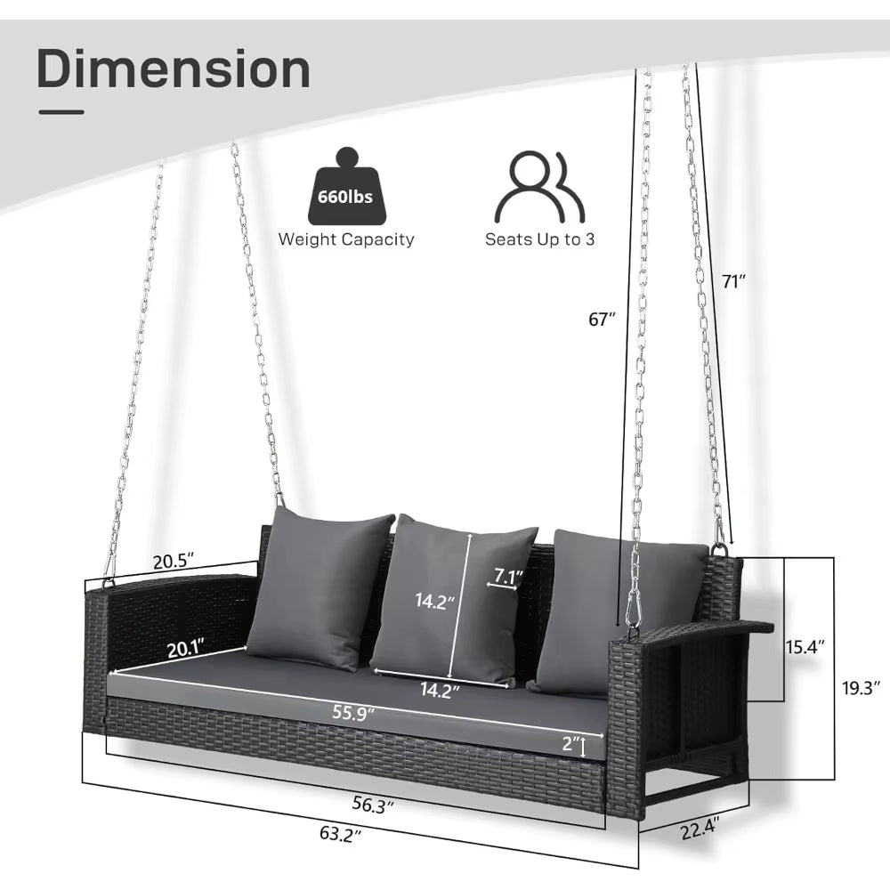 Porch Swing, 5FT Hanging Outdoor Porch Swings for Adults, Wicker 3 Person Patio Swing, with Cushion, Pillow and Chain for Garden