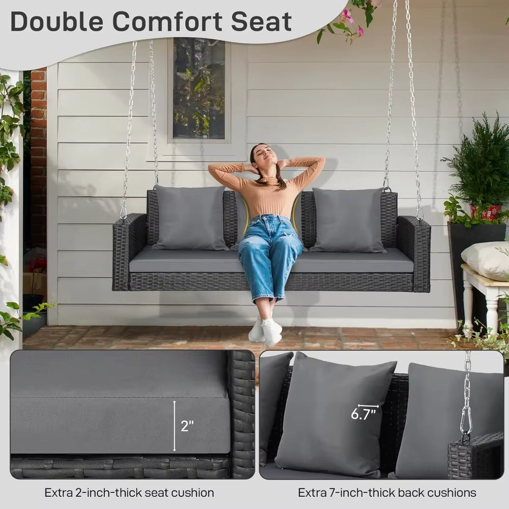 Porch Swing, 5FT Hanging Outdoor Porch Swings for Adults, Wicker 3 Person Patio Swing, with Cushion, Pillow and Chain for Garden