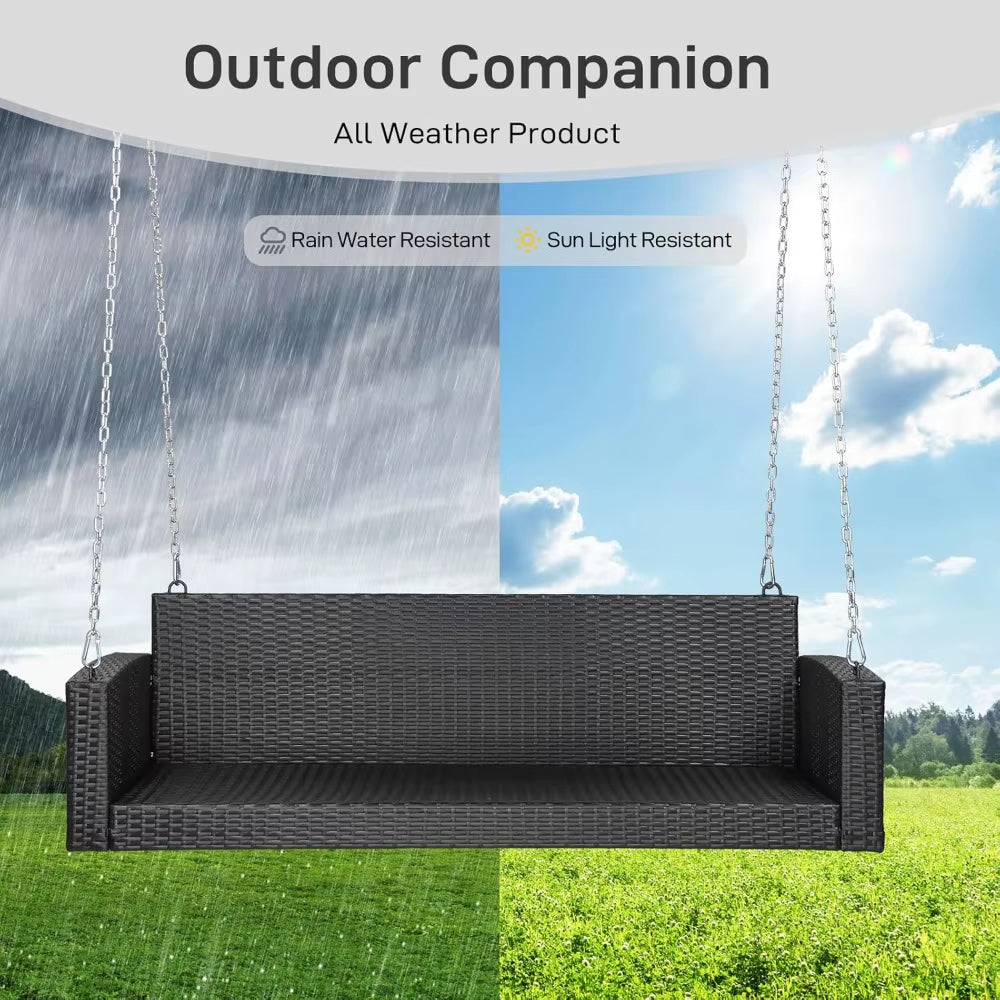 Porch Swing, 5FT Hanging Outdoor Porch Swings for Adults, Wicker 3 Person Patio Swing, with Cushion, Pillow and Chain for Garden