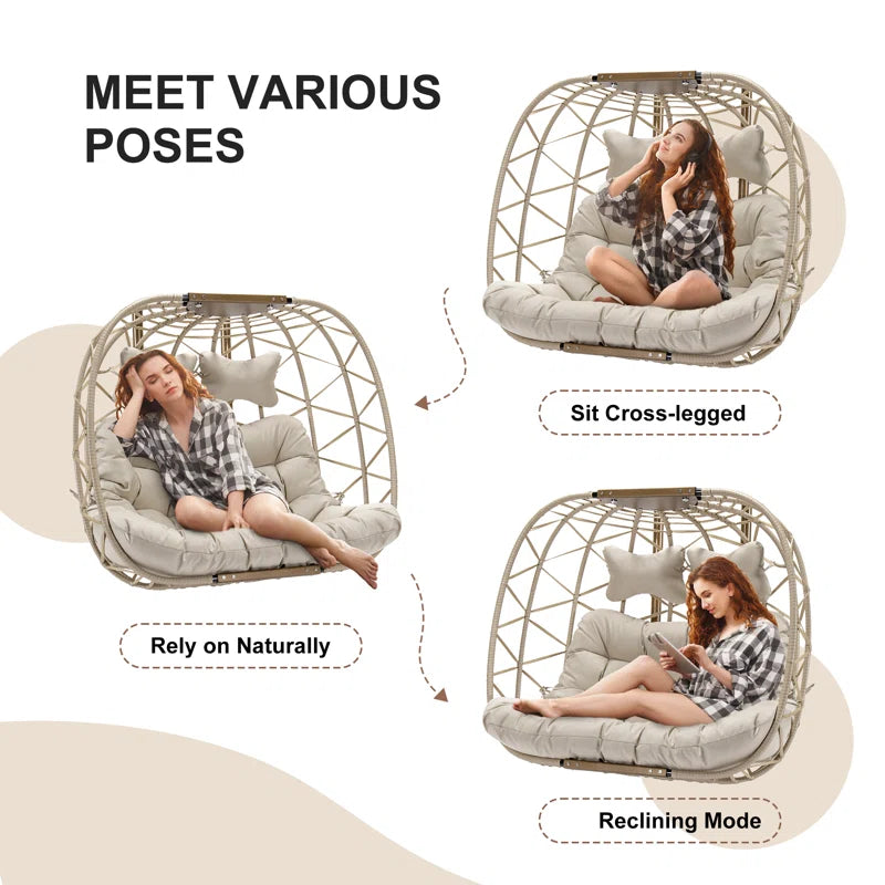 Celyne 2 Person Outdoor/Indoor Porch Swings with Stand Double Hanging Egg Chair with Cozy Cushion
