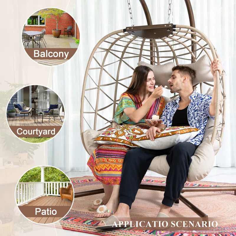 Celyne 2 Person Outdoor/Indoor Porch Swings with Stand Double Hanging Egg Chair with Cozy Cushion