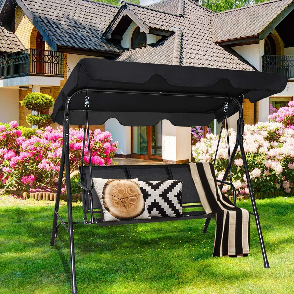 3 Person Patio Swing, Steel Frame with Polyester Angle Adjustable Canopy, All Weather Resistant Swing Bench, Suitable for Patio, Garden, Poolside, Balcony (Black)