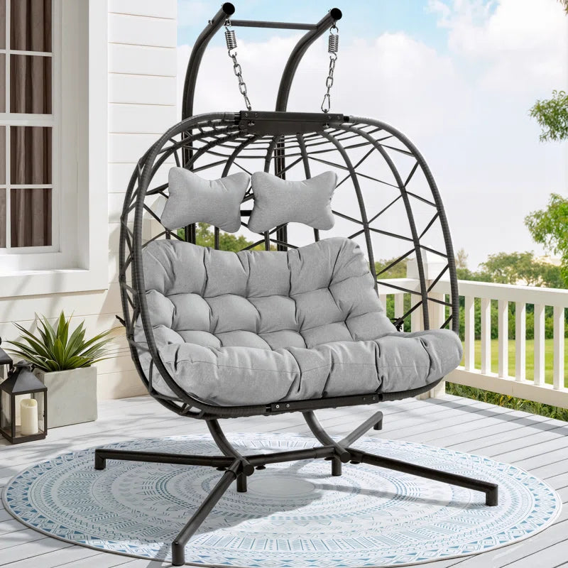 Celyne 2 Person Outdoor/Indoor Porch Swings with Stand Double Hanging Egg Chair with Cozy Cushion