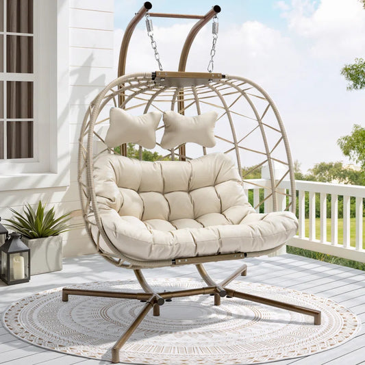 Celyne 2 Person Outdoor/Indoor Porch Swings with Stand Double Hanging Egg Chair with Cozy Cushion