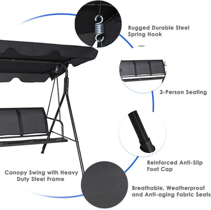 3 Person Patio Swing, Steel Frame with Polyester Angle Adjustable Canopy, All Weather Resistant Swing Bench, Suitable for Patio, Garden, Poolside, Balcony (Black)