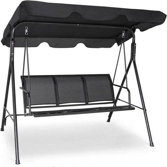 3 Person Patio Swing, Steel Frame with Polyester Angle Adjustable Canopy, All Weather Resistant Swing Bench, Suitable for Patio, Garden, Poolside, Balcony (Black)