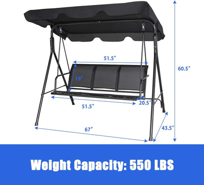 3 Person Patio Swing, Steel Frame with Polyester Angle Adjustable Canopy, All Weather Resistant Swing Bench, Suitable for Patio, Garden, Poolside, Balcony (Black)