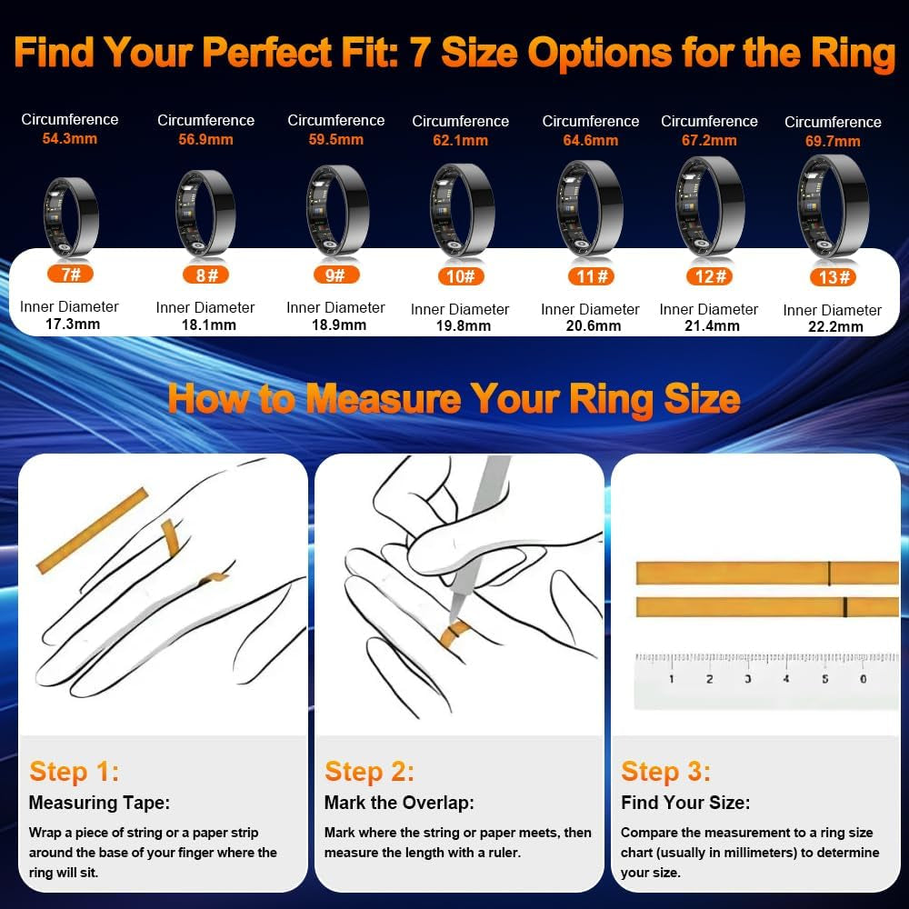 2025 Smart Ring Health Tracker with Blood Pressure Monitor, IP68 Waterproof Health Ring for Blood Oxygen Heart Rate Spo2 Sleep Monitor, Bluetooth Connect Fitness Ring for Multi-Sports Tracking