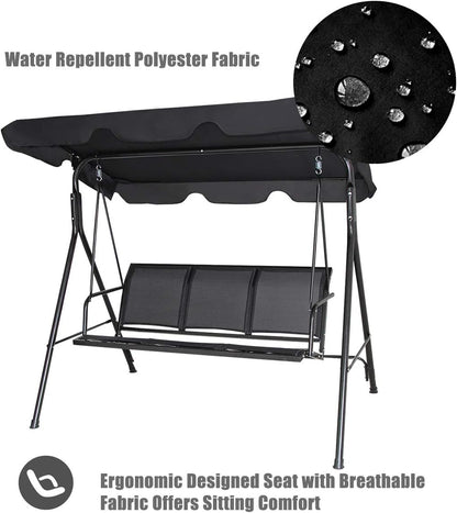 3 Person Patio Swing, Steel Frame with Polyester Angle Adjustable Canopy, All Weather Resistant Swing Bench, Suitable for Patio, Garden, Poolside, Balcony (Black)