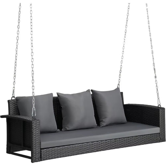 Porch Swing, 5FT Hanging Outdoor Porch Swings for Adults, Wicker 3 Person Patio Swing, with Cushion, Pillow and Chain for Garden