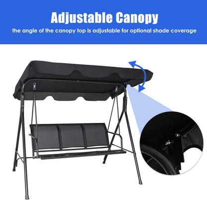 3 Person Patio Swing, Steel Frame with Polyester Angle Adjustable Canopy, All Weather Resistant Swing Bench, Suitable for Patio, Garden, Poolside, Balcony (Black)