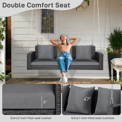 Porch Swing, 5FT Hanging Outdoor Porch Swings for Adults, Wicker 3 Person Patio Swing, with Cushion, Pillow and Chain for Garden