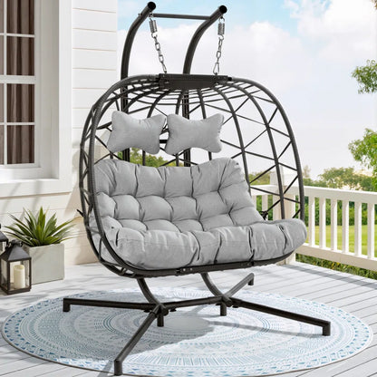 Celyne 2 Person Outdoor/Indoor Porch Swings with Stand Double Hanging Egg Chair with Cozy Cushion